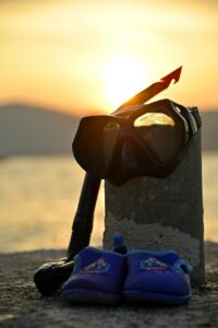 diving gear, snorkeling gear, nature, diving goggles, sunset, sea, ocean